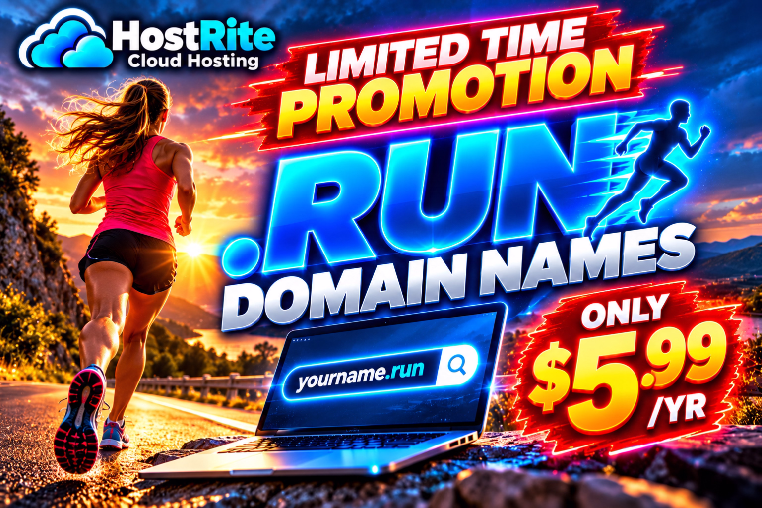 Bright promotional banner with a runner on a road at sunset large neon text run domain names and $5 99yr offer laptop displayed on the ground showing a domain search